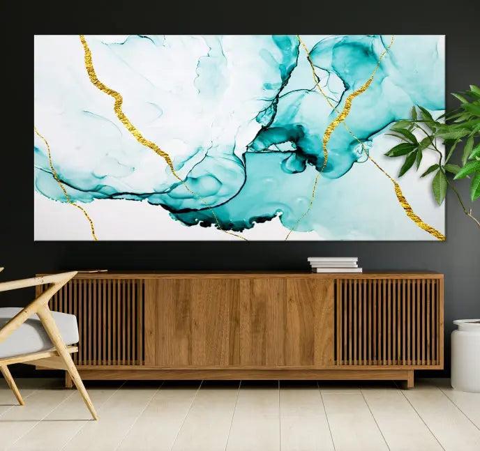 The Turquoise Marble Fluid Effect Wall Art Abstract Canvas Print adds a touch of elegance to the room. This museum-quality canvas comes ready to hang, offering an effortlessly stylish accent to the space.