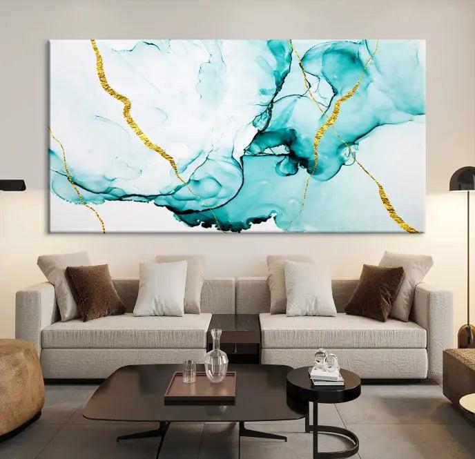 The Turquoise Marble Fluid Effect Wall Art Abstract Canvas Print adds a touch of elegance to the room. This museum-quality canvas comes ready to hang, offering an effortlessly stylish accent to the space.