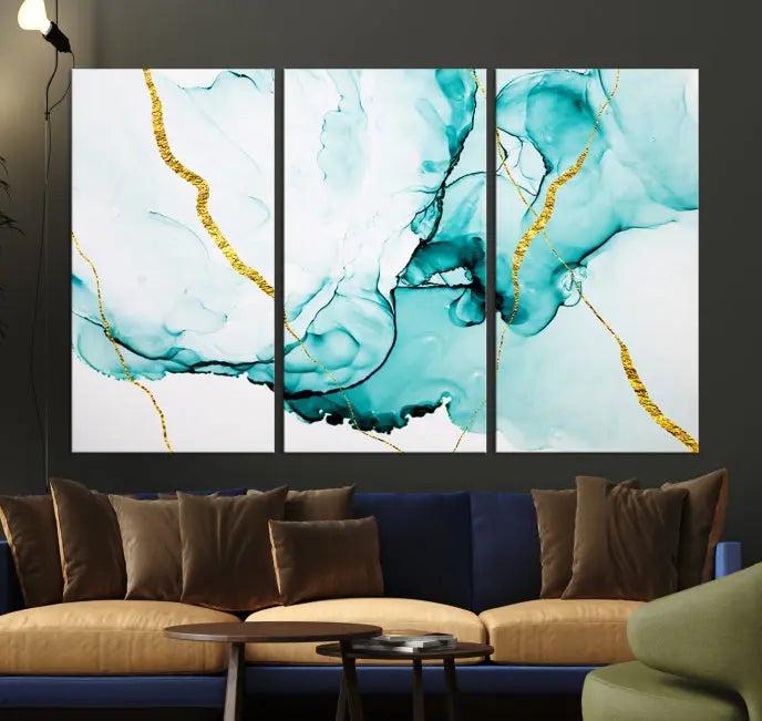 The Turquoise Marble Fluid Effect Wall Art Abstract Canvas Print adds a touch of elegance to the room. This museum-quality canvas comes ready to hang, offering an effortlessly stylish accent to the space.