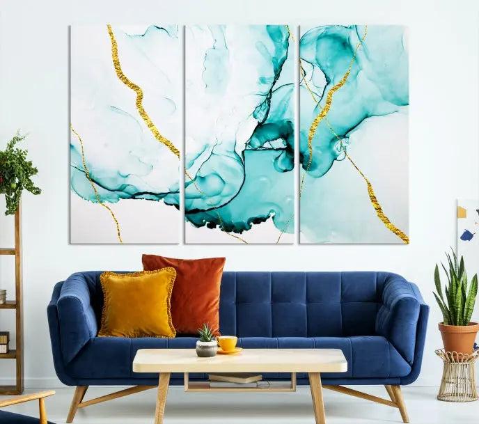 The Turquoise Marble Fluid Effect Wall Art Abstract Canvas Print adds a touch of elegance to the room. This museum-quality canvas comes ready to hang, offering an effortlessly stylish accent to the space.