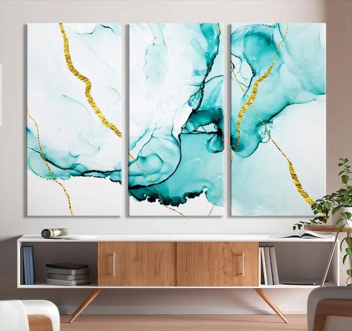 The Turquoise Marble Fluid Effect Wall Art Abstract Canvas Print adds a touch of elegance to the room. This museum-quality canvas comes ready to hang, offering an effortlessly stylish accent to the space.