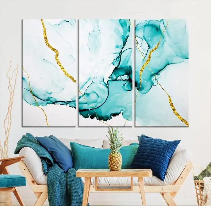 The Turquoise Marble Fluid Effect Wall Art Abstract Canvas Print adds a touch of elegance to the room. This museum-quality canvas comes ready to hang, offering an effortlessly stylish accent to the space.