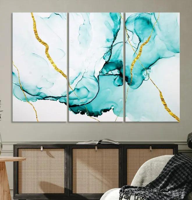 The Turquoise Marble Fluid Effect Wall Art Abstract Canvas Print adds a touch of elegance to the room. This museum-quality canvas comes ready to hang, offering an effortlessly stylish accent to the space.