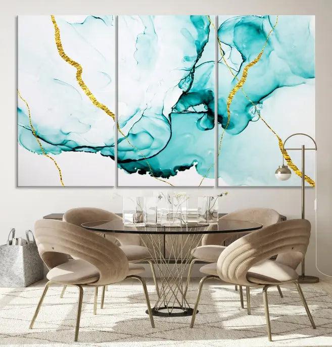 The Turquoise Marble Fluid Effect Wall Art Abstract Canvas Print adds a touch of elegance to the room. This museum-quality canvas comes ready to hang, offering an effortlessly stylish accent to the space.