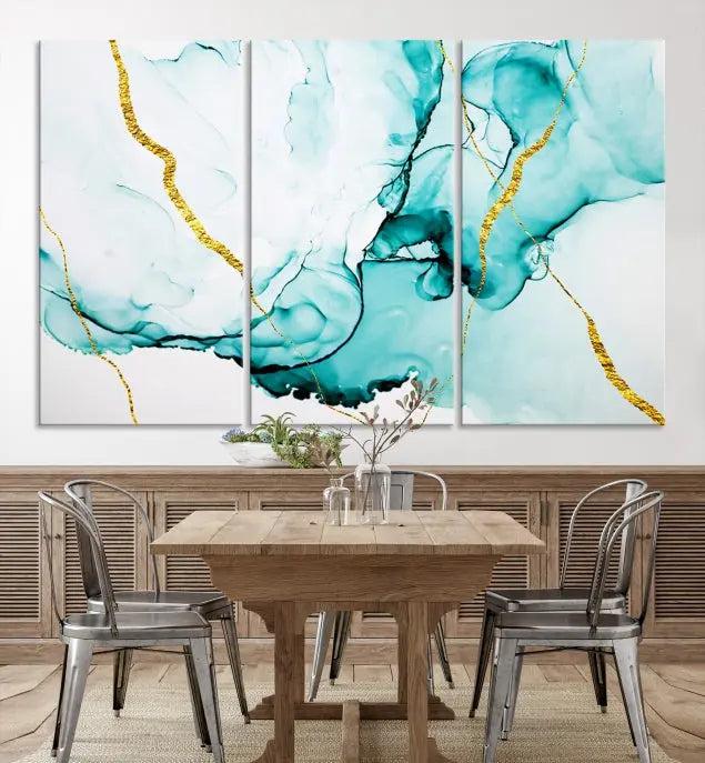 The Turquoise Marble Fluid Effect Wall Art Abstract Canvas Print adds a touch of elegance to the room. This museum-quality canvas comes ready to hang, offering an effortlessly stylish accent to the space.