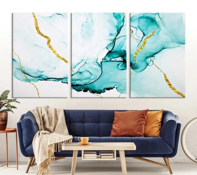 The Turquoise Marble Fluid Effect Wall Art Abstract Canvas Print adds a touch of elegance to the room. This museum-quality canvas comes ready to hang, offering an effortlessly stylish accent to the space.