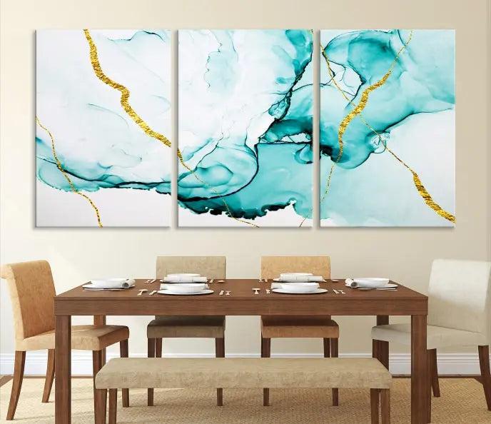 The Turquoise Marble Fluid Effect Wall Art Abstract Canvas Print adds a touch of elegance to the room. This museum-quality canvas comes ready to hang, offering an effortlessly stylish accent to the space.