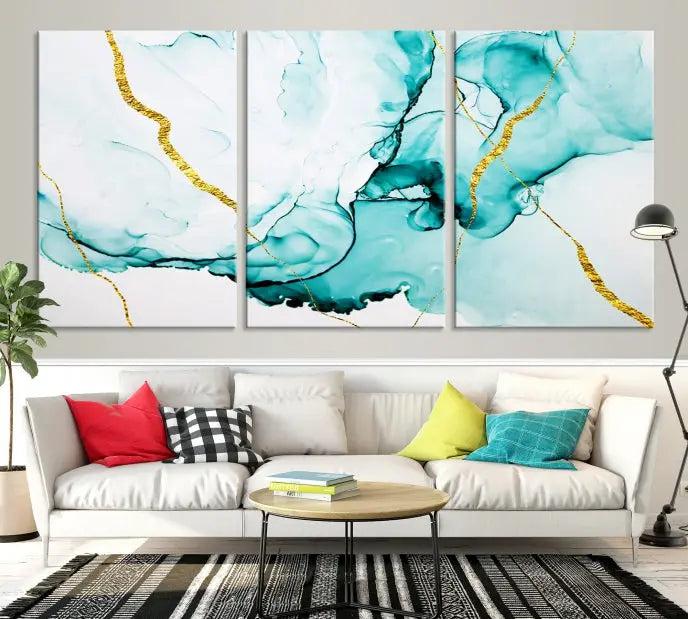 The Turquoise Marble Fluid Effect Wall Art Abstract Canvas Print adds a touch of elegance to the room. This museum-quality canvas comes ready to hang, offering an effortlessly stylish accent to the space.