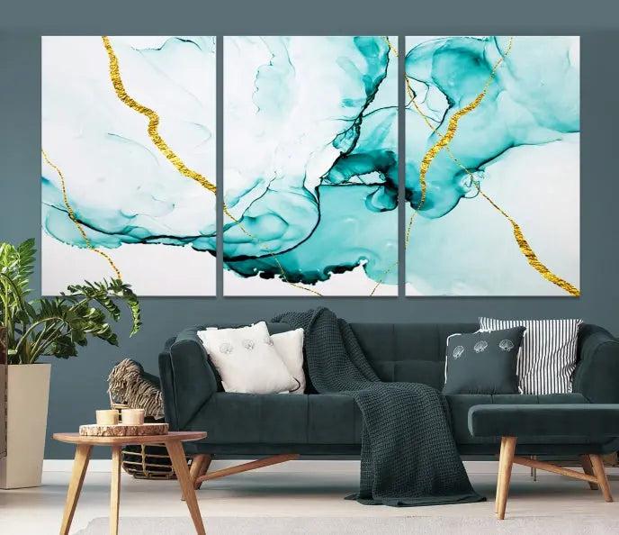 The Turquoise Marble Fluid Effect Wall Art Abstract Canvas Print adds a touch of elegance to the room. This museum-quality canvas comes ready to hang, offering an effortlessly stylish accent to the space.