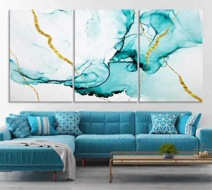 The Turquoise Marble Fluid Effect Wall Art Abstract Canvas Print adds a touch of elegance to the room. This museum-quality canvas comes ready to hang, offering an effortlessly stylish accent to the space.