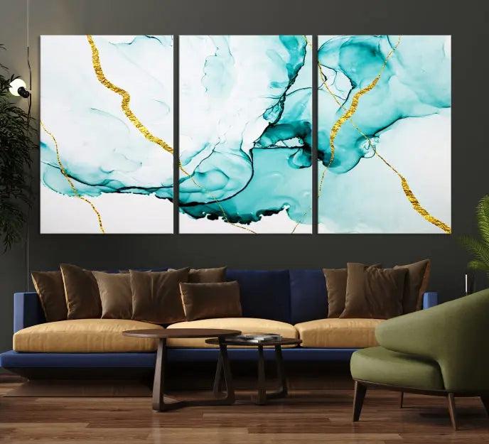 The Turquoise Marble Fluid Effect Wall Art Abstract Canvas Print adds a touch of elegance to the room. This museum-quality canvas comes ready to hang, offering an effortlessly stylish accent to the space.