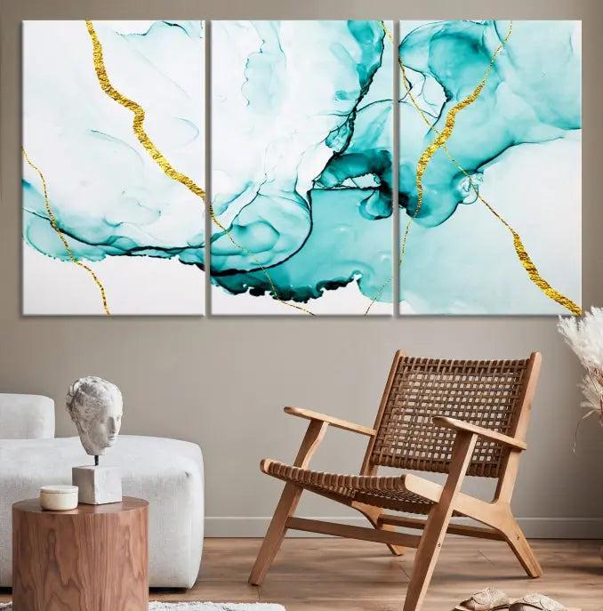 The Turquoise Marble Fluid Effect Wall Art Abstract Canvas Print adds a touch of elegance to the room. This museum-quality canvas comes ready to hang, offering an effortlessly stylish accent to the space.