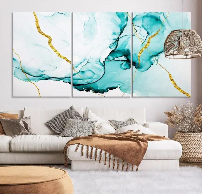 The Turquoise Marble Fluid Effect Wall Art Abstract Canvas Print adds a touch of elegance to the room. This museum-quality canvas comes ready to hang, offering an effortlessly stylish accent to the space.