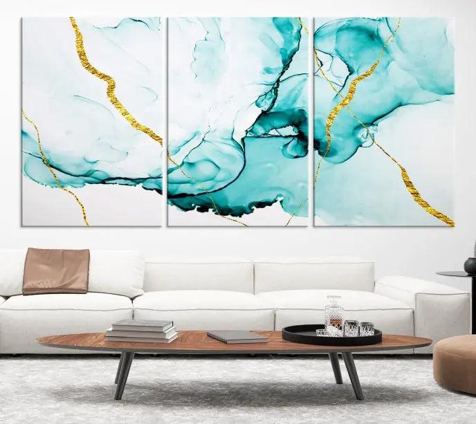 The Turquoise Marble Fluid Effect Wall Art Abstract Canvas Print adds a touch of elegance to the room. This museum-quality canvas comes ready to hang, offering an effortlessly stylish accent to the space.