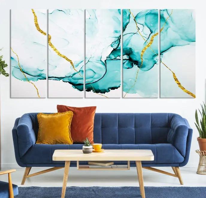 The Turquoise Marble Fluid Effect Wall Art Abstract Canvas Print adds a touch of elegance to the room. This museum-quality canvas comes ready to hang, offering an effortlessly stylish accent to the space.