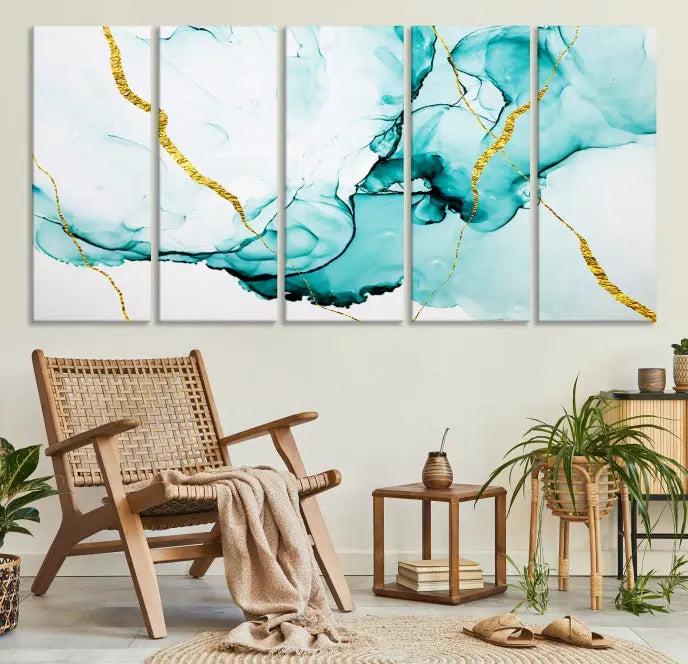 The Turquoise Marble Fluid Effect Wall Art Abstract Canvas Print adds a touch of elegance to the room. This museum-quality canvas comes ready to hang, offering an effortlessly stylish accent to the space.