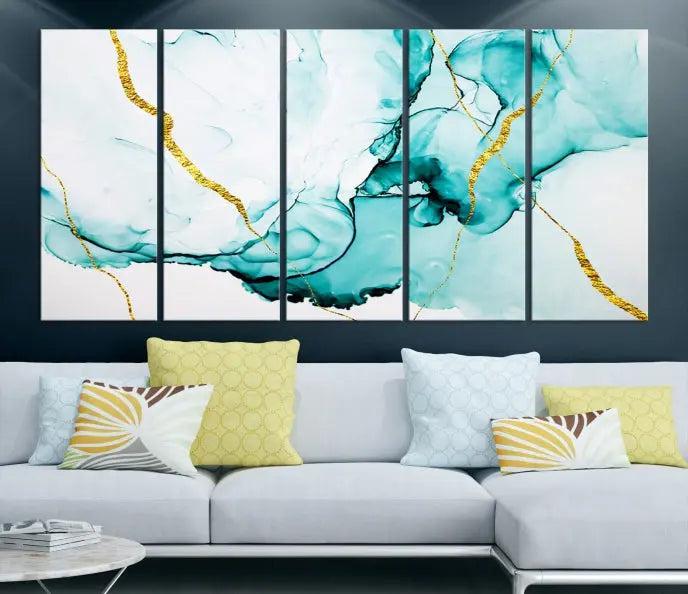 The Turquoise Marble Fluid Effect Wall Art Abstract Canvas Print adds a touch of elegance to the room. This museum-quality canvas comes ready to hang, offering an effortlessly stylish accent to the space.