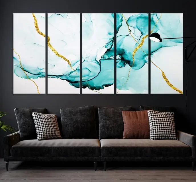 The Turquoise Marble Fluid Effect Wall Art Abstract Canvas Print adds a touch of elegance to the room. This museum-quality canvas comes ready to hang, offering an effortlessly stylish accent to the space.