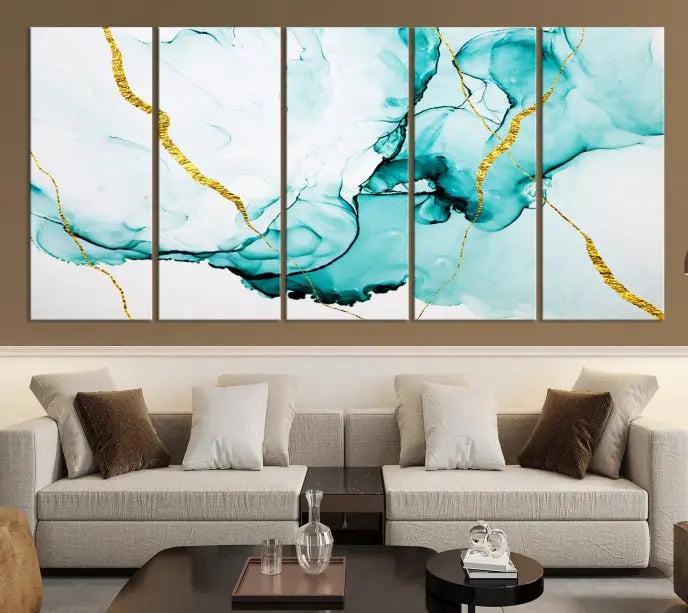 The Turquoise Marble Fluid Effect Wall Art Abstract Canvas Print adds a touch of elegance to the room. This museum-quality canvas comes ready to hang, offering an effortlessly stylish accent to the space.