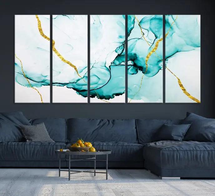 The Turquoise Marble Fluid Effect Wall Art Abstract Canvas Print adds a touch of elegance to the room. This museum-quality canvas comes ready to hang, offering an effortlessly stylish accent to the space.