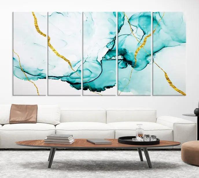 The Turquoise Marble Fluid Effect Wall Art Abstract Canvas Print adds a touch of elegance to the room. This museum-quality canvas comes ready to hang, offering an effortlessly stylish accent to the space.