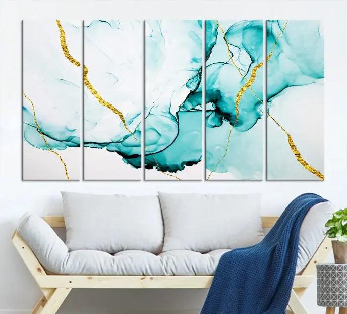 The Turquoise Marble Fluid Effect Wall Art Abstract Canvas Print adds a touch of elegance to the room. This museum-quality canvas comes ready to hang, offering an effortlessly stylish accent to the space.