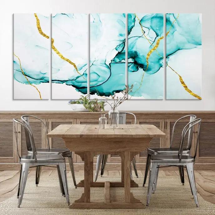 The Turquoise Marble Fluid Effect Wall Art Abstract Canvas Print adds a touch of elegance to the room. This museum-quality canvas comes ready to hang, offering an effortlessly stylish accent to the space.