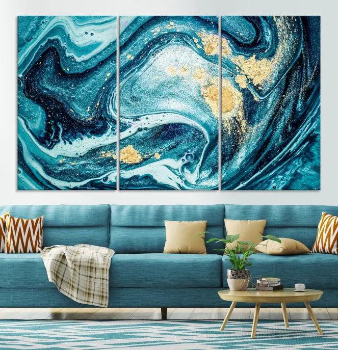 The "Turquoise Marble Fluid Effect Wall Art Abstract Canvas Wall Art Print" elegantly shines. This gallery-wrapped, museum-quality canvas piece creates an inviting space with its UV-protective coating ensuring lasting vibrancy.