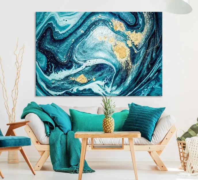 The "Turquoise Marble Fluid Effect Wall Art Abstract Canvas Wall Art Print" elegantly shines. This gallery-wrapped, museum-quality canvas piece creates an inviting space with its UV-protective coating ensuring lasting vibrancy.