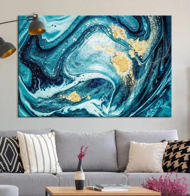 The "Turquoise Marble Fluid Effect Wall Art Abstract Canvas Wall Art Print" elegantly shines. This gallery-wrapped, museum-quality canvas piece creates an inviting space with its UV-protective coating ensuring lasting vibrancy.