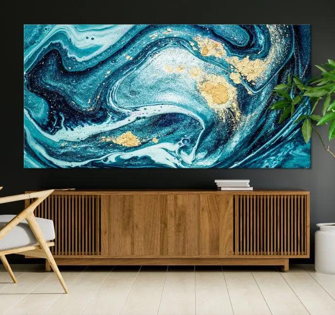 The "Turquoise Marble Fluid Effect Wall Art Abstract Canvas Wall Art Print" elegantly shines. This gallery-wrapped, museum-quality canvas piece creates an inviting space with its UV-protective coating ensuring lasting vibrancy.