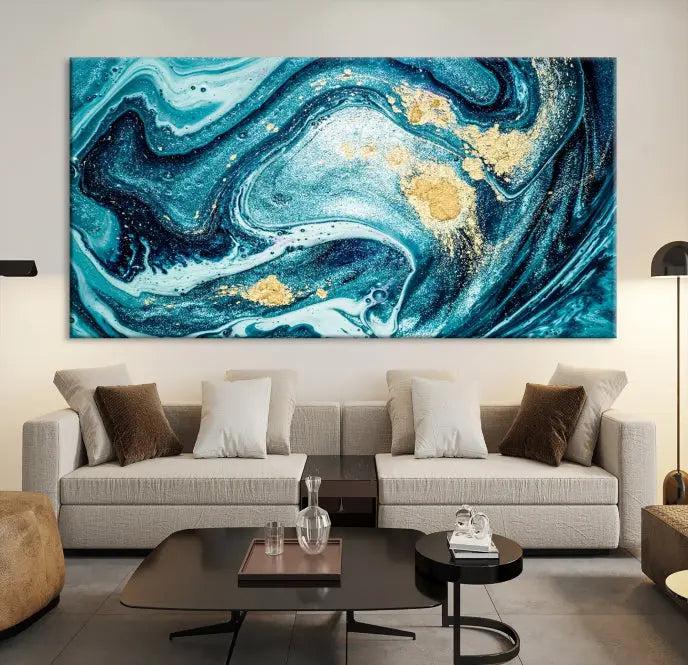 The "Turquoise Marble Fluid Effect Wall Art Abstract Canvas Wall Art Print" elegantly shines. This gallery-wrapped, museum-quality canvas piece creates an inviting space with its UV-protective coating ensuring lasting vibrancy.