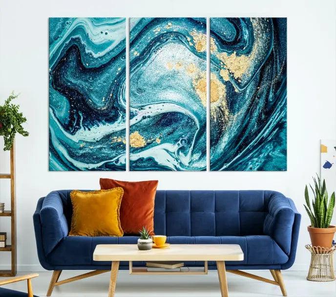 The "Turquoise Marble Fluid Effect Wall Art Abstract Canvas Wall Art Print" elegantly shines. This gallery-wrapped, museum-quality canvas piece creates an inviting space with its UV-protective coating ensuring lasting vibrancy.