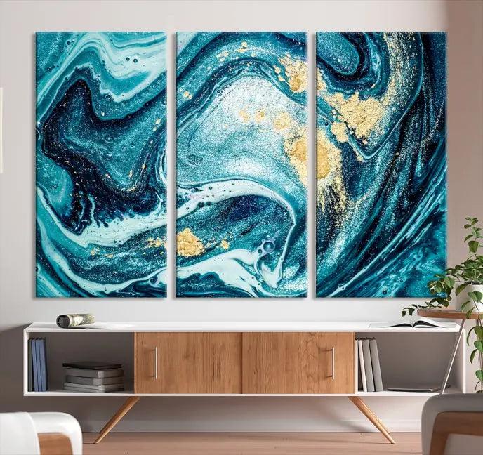 The "Turquoise Marble Fluid Effect Wall Art Abstract Canvas Wall Art Print" elegantly shines. This gallery-wrapped, museum-quality canvas piece creates an inviting space with its UV-protective coating ensuring lasting vibrancy.