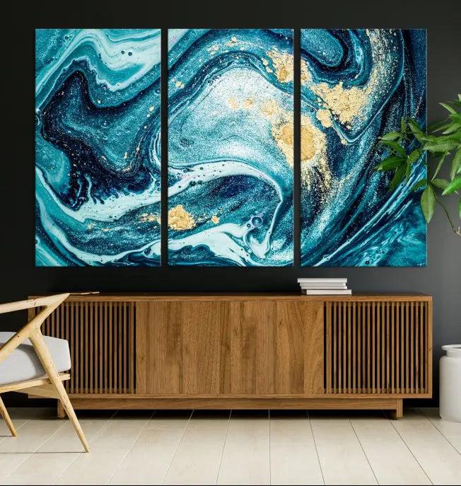 The "Turquoise Marble Fluid Effect Wall Art Abstract Canvas Wall Art Print" elegantly shines. This gallery-wrapped, museum-quality canvas piece creates an inviting space with its UV-protective coating ensuring lasting vibrancy.