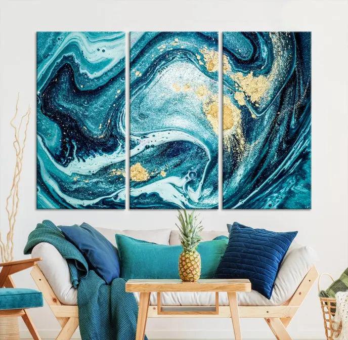 The "Turquoise Marble Fluid Effect Wall Art Abstract Canvas Wall Art Print" elegantly shines. This gallery-wrapped, museum-quality canvas piece creates an inviting space with its UV-protective coating ensuring lasting vibrancy.