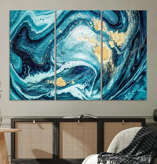 The "Turquoise Marble Fluid Effect Wall Art Abstract Canvas Wall Art Print" elegantly shines. This gallery-wrapped, museum-quality canvas piece creates an inviting space with its UV-protective coating ensuring lasting vibrancy.