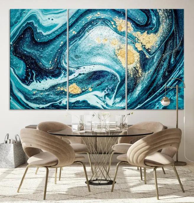 The "Turquoise Marble Fluid Effect Wall Art Abstract Canvas Wall Art Print" elegantly shines. This gallery-wrapped, museum-quality canvas piece creates an inviting space with its UV-protective coating ensuring lasting vibrancy.