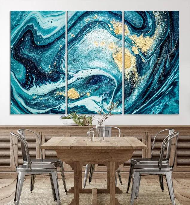 The "Turquoise Marble Fluid Effect Wall Art Abstract Canvas Wall Art Print" elegantly shines. This gallery-wrapped, museum-quality canvas piece creates an inviting space with its UV-protective coating ensuring lasting vibrancy.