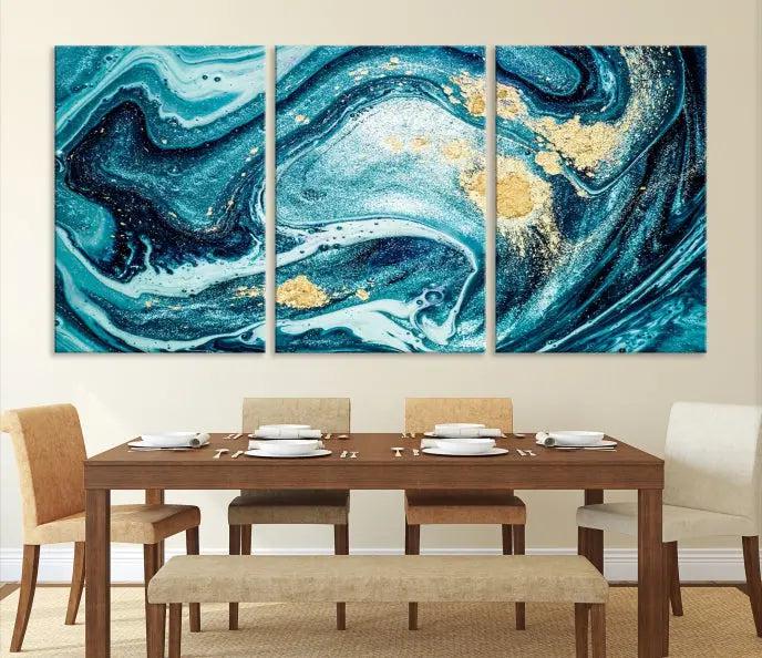 The "Turquoise Marble Fluid Effect Wall Art Abstract Canvas Wall Art Print" elegantly shines. This gallery-wrapped, museum-quality canvas piece creates an inviting space with its UV-protective coating ensuring lasting vibrancy.