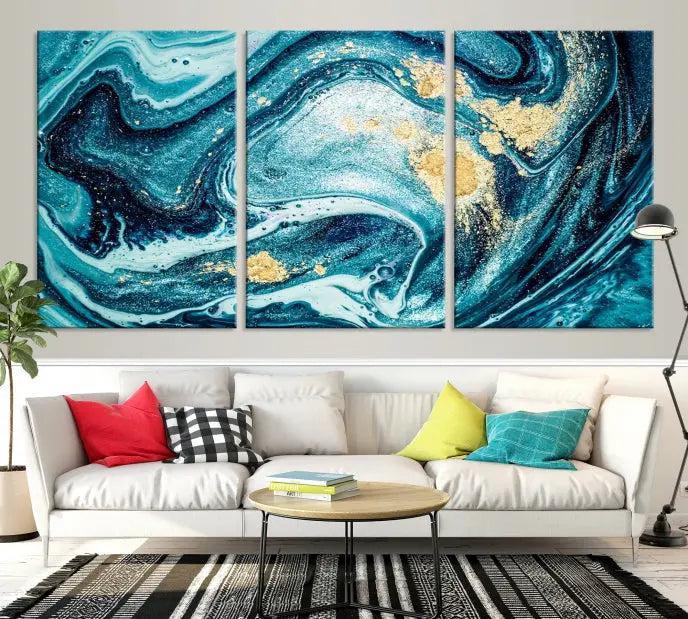 The "Turquoise Marble Fluid Effect Wall Art Abstract Canvas Wall Art Print" elegantly shines. This gallery-wrapped, museum-quality canvas piece creates an inviting space with its UV-protective coating ensuring lasting vibrancy.