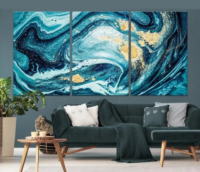 The "Turquoise Marble Fluid Effect Wall Art Abstract Canvas Wall Art Print" elegantly shines. This gallery-wrapped, museum-quality canvas piece creates an inviting space with its UV-protective coating ensuring lasting vibrancy.