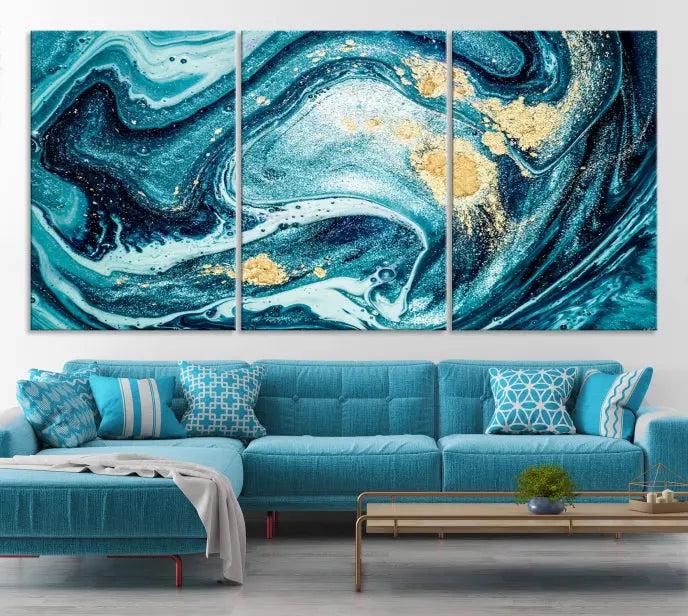 The "Turquoise Marble Fluid Effect Wall Art Abstract Canvas Wall Art Print" elegantly shines. This gallery-wrapped, museum-quality canvas piece creates an inviting space with its UV-protective coating ensuring lasting vibrancy.