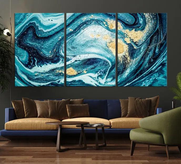 The "Turquoise Marble Fluid Effect Wall Art Abstract Canvas Wall Art Print" elegantly shines. This gallery-wrapped, museum-quality canvas piece creates an inviting space with its UV-protective coating ensuring lasting vibrancy.