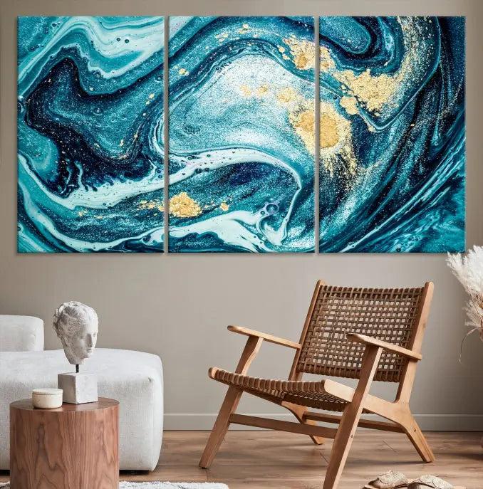 The "Turquoise Marble Fluid Effect Wall Art Abstract Canvas Wall Art Print" elegantly shines. This gallery-wrapped, museum-quality canvas piece creates an inviting space with its UV-protective coating ensuring lasting vibrancy.