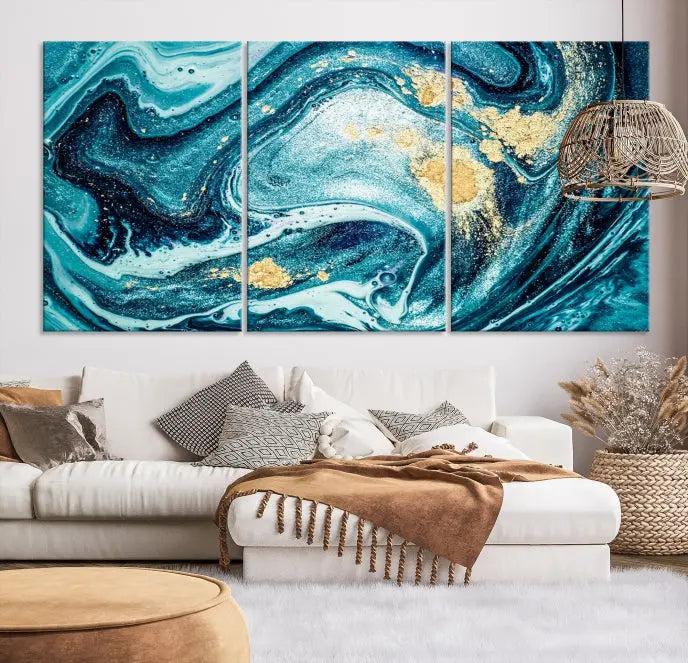 The "Turquoise Marble Fluid Effect Wall Art Abstract Canvas Wall Art Print" elegantly shines. This gallery-wrapped, museum-quality canvas piece creates an inviting space with its UV-protective coating ensuring lasting vibrancy.