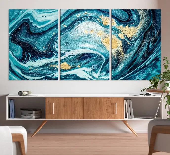 The "Turquoise Marble Fluid Effect Wall Art Abstract Canvas Wall Art Print" elegantly shines. This gallery-wrapped, museum-quality canvas piece creates an inviting space with its UV-protective coating ensuring lasting vibrancy.