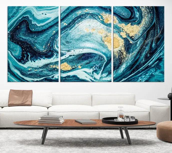 The "Turquoise Marble Fluid Effect Wall Art Abstract Canvas Wall Art Print" elegantly shines. This gallery-wrapped, museum-quality canvas piece creates an inviting space with its UV-protective coating ensuring lasting vibrancy.