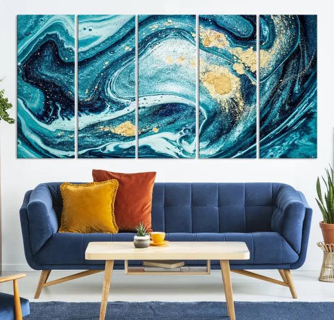 The "Turquoise Marble Fluid Effect Wall Art Abstract Canvas Wall Art Print" elegantly shines. This gallery-wrapped, museum-quality canvas piece creates an inviting space with its UV-protective coating ensuring lasting vibrancy.