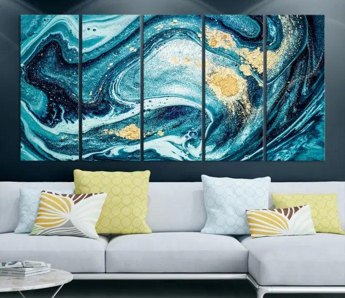 The "Turquoise Marble Fluid Effect Wall Art Abstract Canvas Wall Art Print" elegantly shines. This gallery-wrapped, museum-quality canvas piece creates an inviting space with its UV-protective coating ensuring lasting vibrancy.